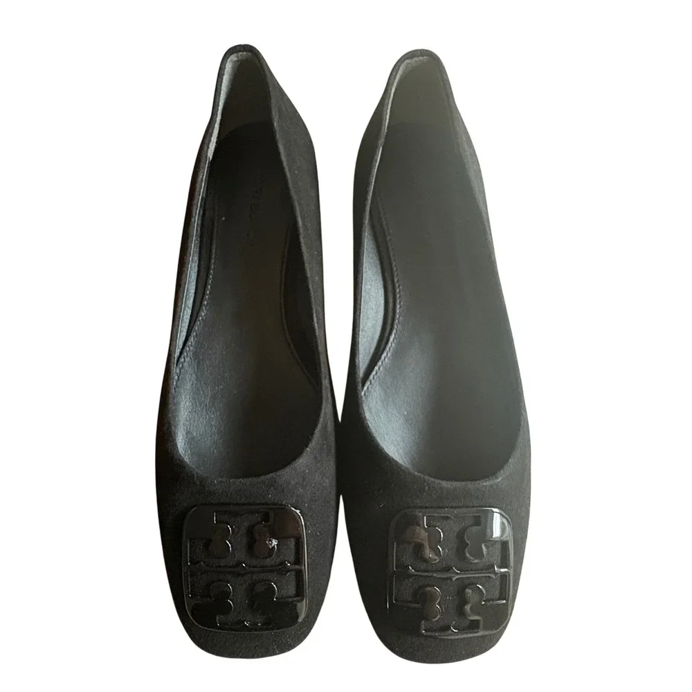 $258 NWB TORY BURCH Georgia Blk Suede Leather‎ Square Toe Ballet Flats SZ 5.5
